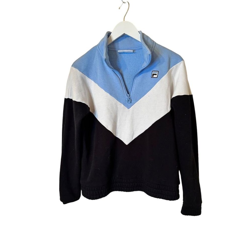 FILA Women's M Blue/White Chevron Collared Quarter Zip Pullover Sweater